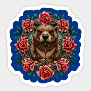 North American Beaver Surrounded By Roses New York State Tattoo Art Sticker